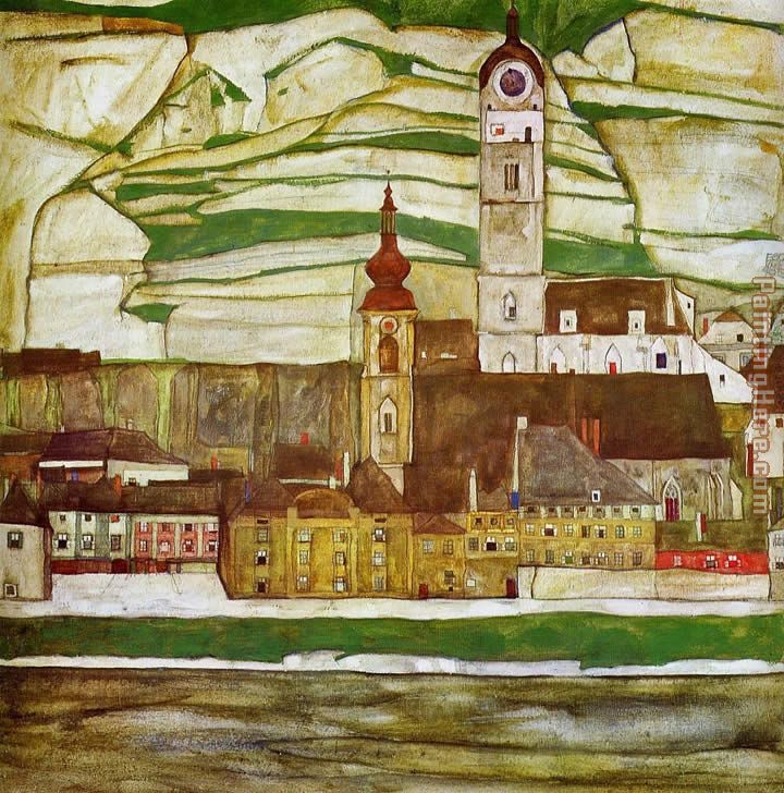 Stein on the Danube with Terraced Vineyards painting - Egon Schiele Stein on the Danube with Terraced Vineyards art painting
